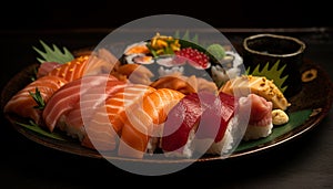 Fresh seafood plate sashimi, nigiri, maki, tuna, eel, prawn generated by AI