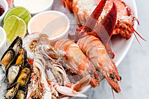 Fresh seafood platter with lobster, mussels and oysters