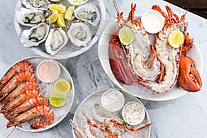 Fresh seafood platter with lobster, mussels and oysters