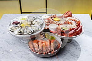 Fresh seafood platter with lobster, mussels and oysters