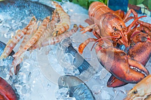 Fresh seafood red crawfish, shrimps, fish, calamary meat on ice at traditional seafood restaurant in Venice, Italy. Outdoor terrac