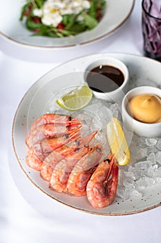 Fresh seafood in a restaurant. Shrimps