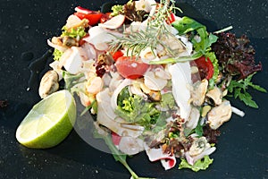 Fresh seafood salad with pine nuts