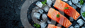 fresh seafood, salmon slices lying on crushed ice, ice cubes, greens, food preservation,