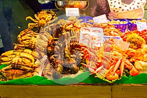 Fresh seafood stand in Barcelona market