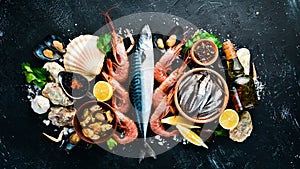 Fresh seafood on a stone background. Fish, shrimp, mussels, caviar.