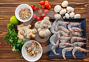 Fresh seafood, vegetables and mushrooms
