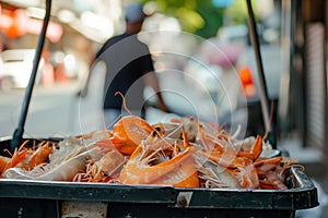 fresh seafood visible in a cart, deliverer in background photo