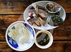 The fresh seafoods with raw Abalone and Octopus sliced