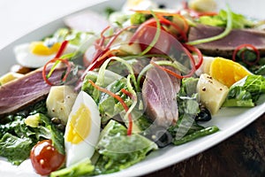 Fresh seared raw tuna mixed vegetable salad with mustard sauce