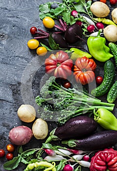 Fresh seasonal vegetables food background. Aubergines, tomatoes, radishes, peppers, broccoli, potatoes, beets on a dark background