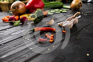 Fresh seasonal vegetables on rustic wooden background