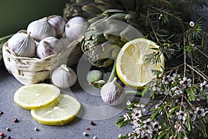 Fresh seasonal vegetables on a table. Vegan meal ingredients top view.