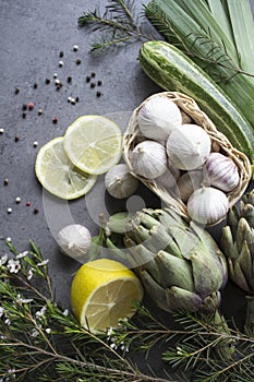 Fresh seasonal vegetables on a table. Vegan meal ingredients top view.