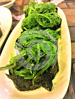 Fresh seaweed salad sushi japan food.
