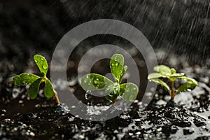 Fresh seedlings in fertile soil under rain