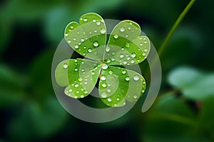 Fresh shamrock plant with four green leaves with morning dew drops growing on forest glade