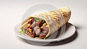 Fresh shawarma with meat close up on white plate. Generative AI.