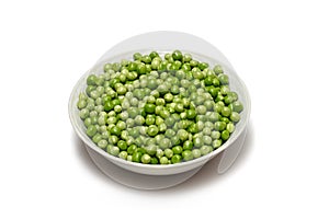 Fresh shelled peas in a plate. Isolated image