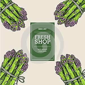 Fresh shop and market template. Poster with colored hand drawn asparagus bunches.