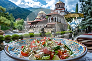 Fresh Shopska Salad with Feta Cheese Savored at a Picturesque Mountain Village Cafe