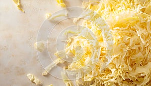Fresh shredded cabbage on a light table, closup
