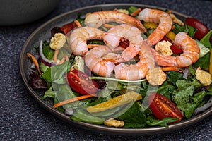 Fresh shrimp and greens salad on dark background