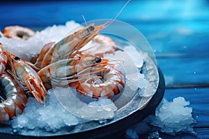 Fresh shrimp with ice in bowl on blue wooden table