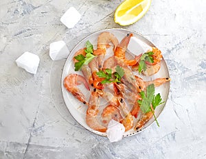 Fresh shrimp, ice, mediterranean food  delicious  ingredient  lemon on a gray concrete background