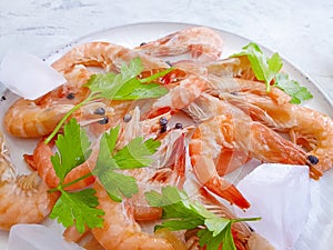 Fresh shrimp ice parsley on a plate gourmet