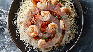Fresh Shrimp Pasta with Tomato Sauce and Herbs on Dark Table