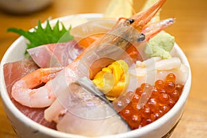 Fresh shrimp and various kinds of sashimi raw fish rice bowl