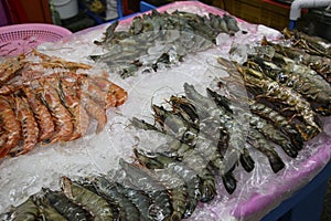 Fresh shrimps and black tiger prawns at Jagalchi Fish Market in Busan, South Korea
