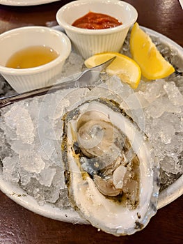 Fresh Shucked Oyster with Condiments on Ice, Top View