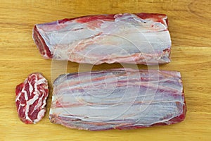Fresh Silver shank meat full of sinewy, beef steak from leg, steer, heifer. Top view