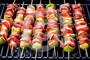 fresh skewers of brussels sprouts with bacon ready for marination photo