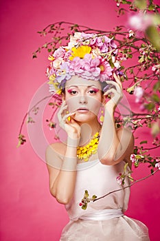 Fresh skin Girl with Spring Flowers on her head