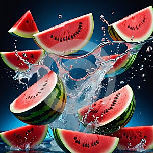 Fresh sleepy cut red watermelon skip splash of water