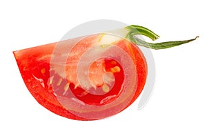 Fresh slice of red tomato isolated on white background. Top view