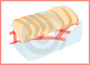 Fresh sliced bread in white bowl with red checkered napkin. Vector illustration