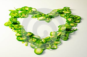 Fresh sliced green jalapeno peppers on a white background, spicy flavor ingredient in many dishes