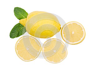 Fresh sliced lemon with the leaves on a white background