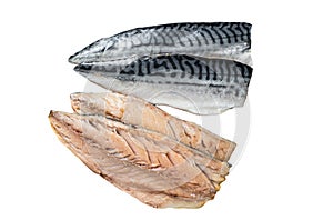 Fresh sliced mackerel fillet fish. Isolated on white background.