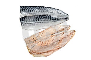 Fresh sliced mackerel fillet fish. Isolated, white background.