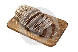 Fresh sliced rye bread on wooden board isolated on white