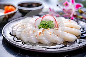 Fresh Sliced Sashimi Arrangement with Radish and Parsley on a Stylish Plate, Japanese Cuisine Concept for Gourmet Food Photography