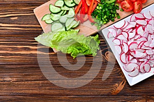Fresh sliced vegetables on a salad: radish, cherry, greens, cucumber, red pepper.