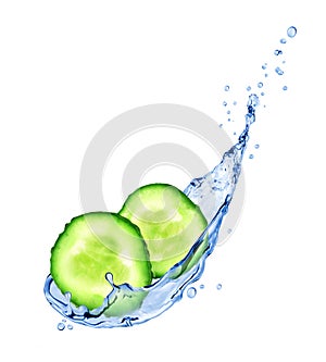 Fresh slices of cucumber with water splashes isolated on white