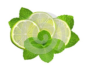 Fresh slices lime with leaf mint