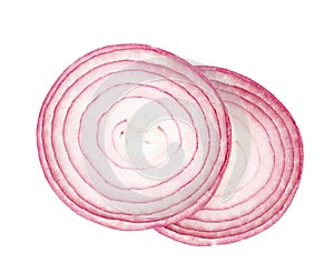 Fresh slices of red onion on white background